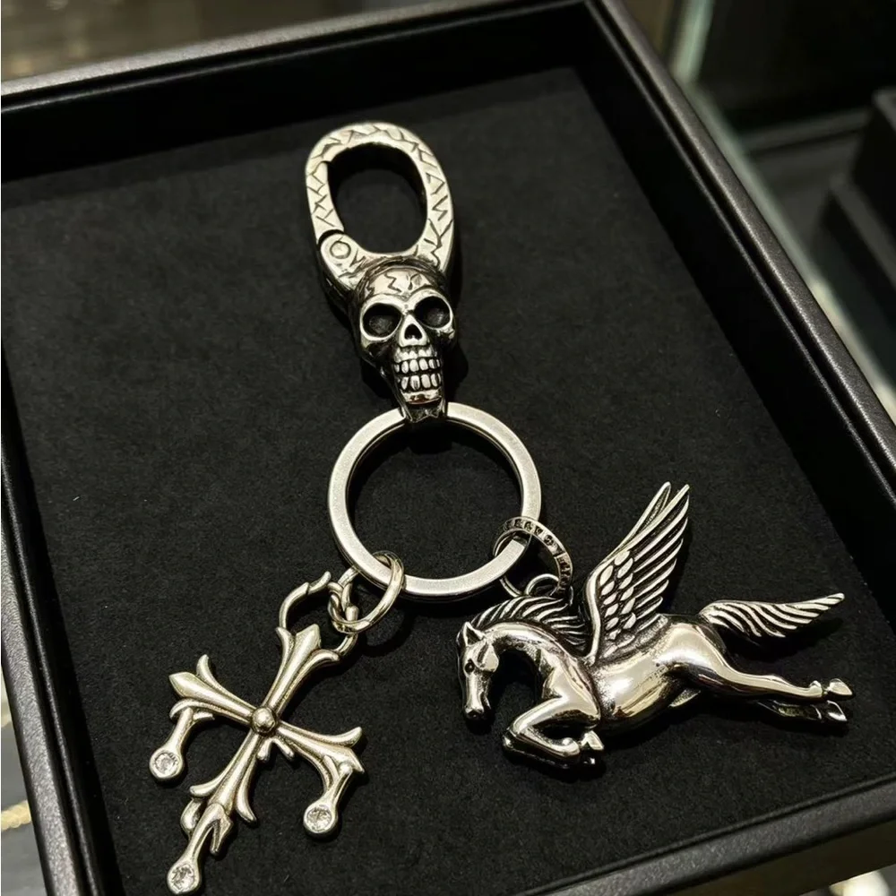 Chrome Hearts Silver Skull Clip Keychain with Pegasus and Cross Charms